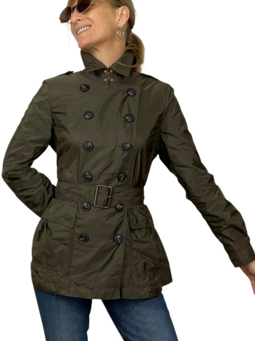 Burberry Brit Double Breasted Trench Coat Jacket US 8 Green - Picture 2 of 16